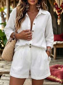 Zayélia Apricot Short Sleeve Shirt With Button Decor + Apricot Pleated Short Sleeve 2 Pieces Set, Casual Daily Commute Vacation - Apricot - View 5