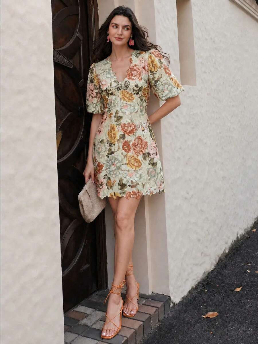 Anewsta 女士V领短泡泡袖收腰A字水溶蕾丝碎花连衣裙,适合夏季、节日、假日、度假,优雅 - 彩色 - 查看 1