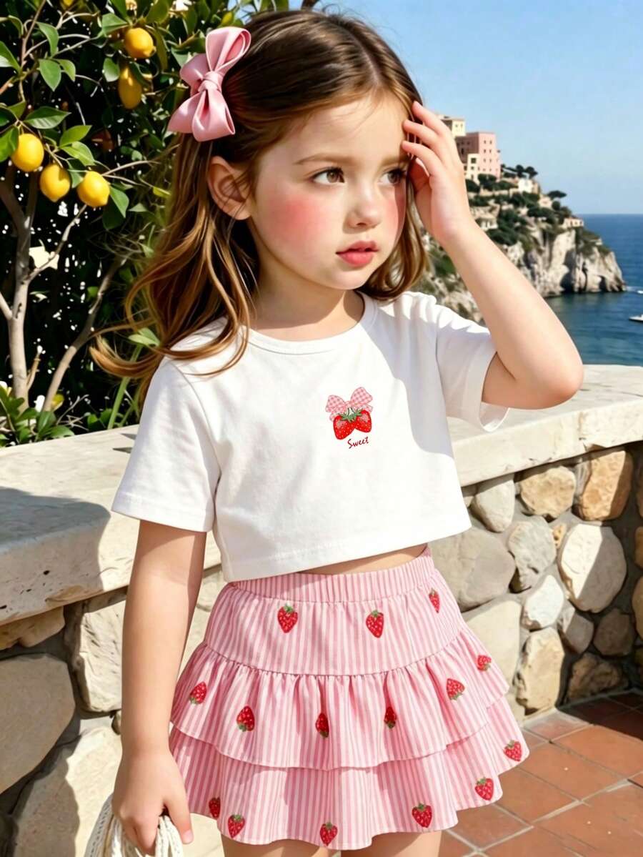Genkimix Kids 女童草莓套裝甜美活力夏日休閒度假風！純白短袖印滿飽滿草莓，活潑俏皮；搭配粉白條紋裙，蓬鬆動感裙襬，走動時超可愛。粉白配色經典亮眼，短袖+裙裝組合適合春夏，日常出遊玩耍清新美美 - 粉色 - 查看 1