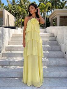 Firerie Elegantes romantisches Damen Chiffon-Kleid mit Blumenmuster, mehrlagigem Volant und rückenfreiem Design, geeignet für Hochzeitsgäste, Geburtstagsfeiern, Bankette, Urlaub, Dates - Gelb - Übersicht 8