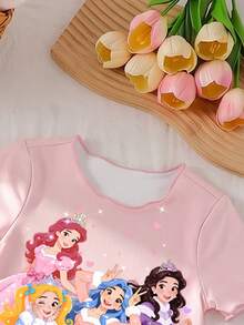 SHEIN [Randomly Shipped 1 Set] Young Girls Pajamas, All-Season Princess Pattern Combination, Ruffle Trim Crew Neck Pullover T-Shirt With All-Over Print Long Pants, Loungewear Set - Multicolor - View 3