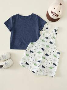 SHEIN 2pcs/Set Baby Boy Summer Cute Versatile Casual Fun Print Pattern Tank Top & Shorts Knit T-Shirt Set, Overall Shorts 2-Piece Set, Dinosaur Outfit, Cute Outfit, Children's Day Outfit - Multicolor - View 2