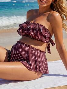SHEIN 26SS Summer Beach Vacation Polka Dot Maternity Patchwork Ruffle Bikini Set - Multicolor - View 4