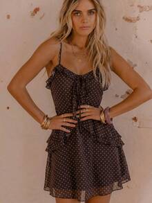 Aralina Vestido mini sexy de malla rosa con volantes y estampado animal para verano e invierno - Marrón - Ver 8