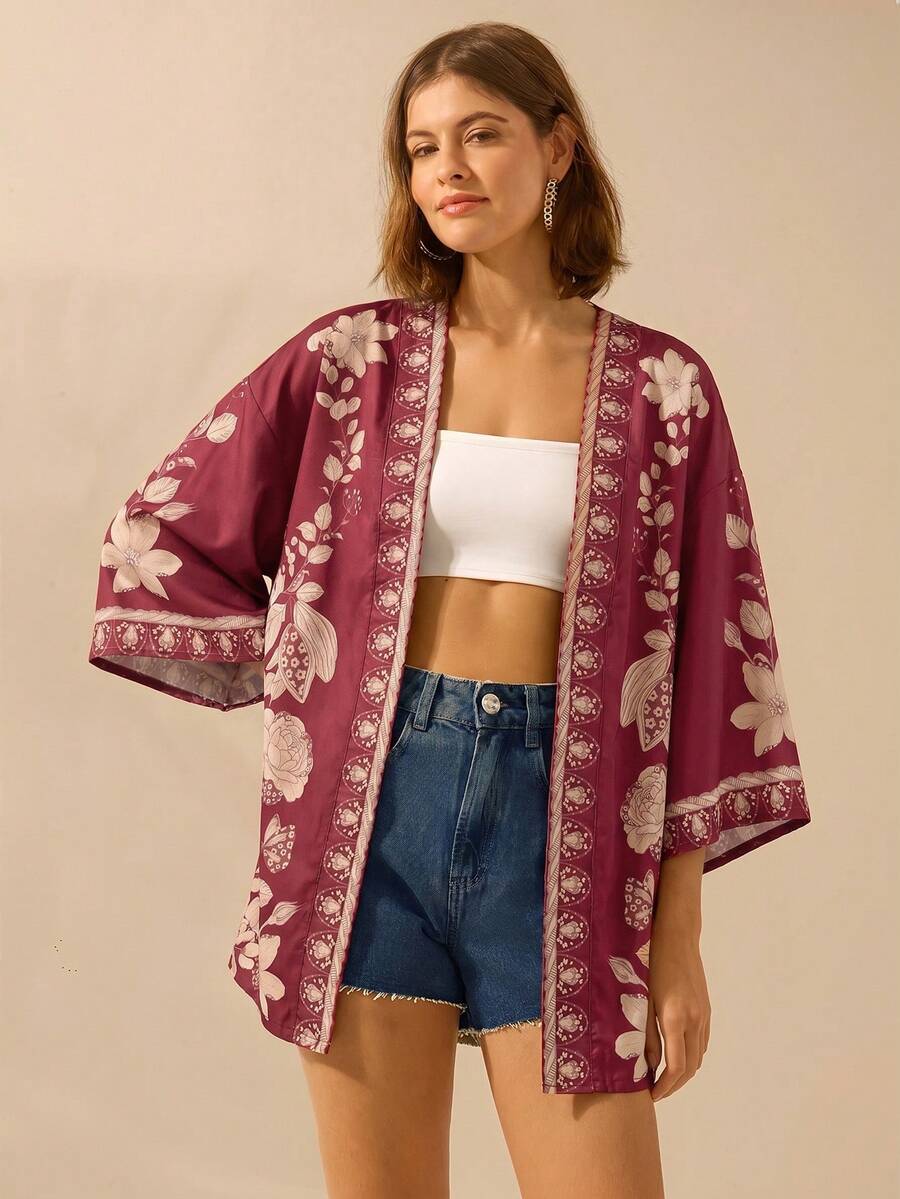 CAJUNI 女款波西米亞風熱帶花卉黑色印花寬鬆和服式罩衫海灘裝 - 酒紅色 - 查看 1