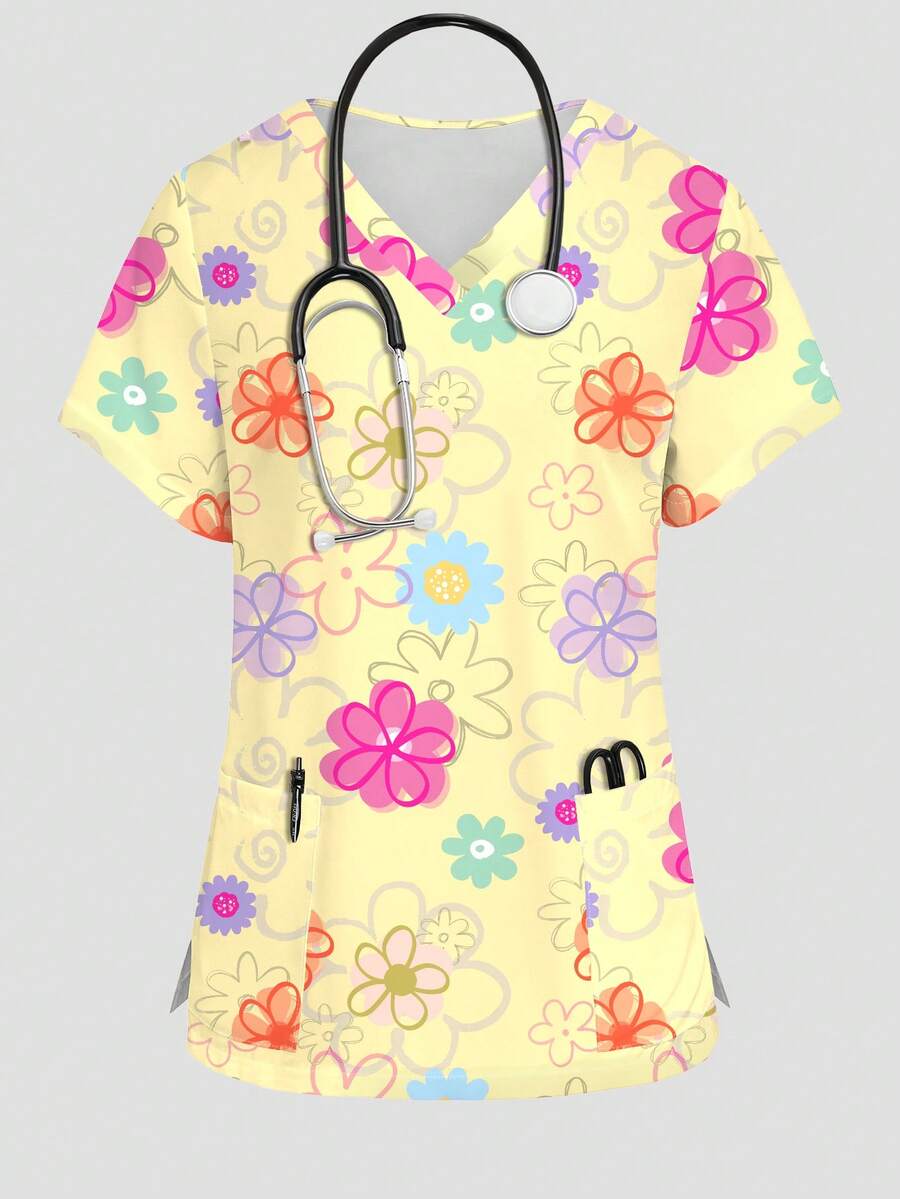 PopScrub 女款護理師刷手服上衣 花卉印花淡黃色 春夏時尚 V 領短袖雙口袋設計側開衩工作服 可愛手術刷手服制服上衣 - 彩色 - 查看 1