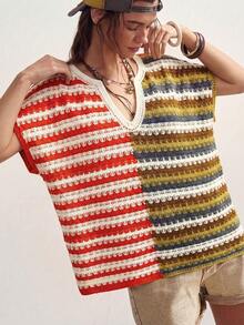 Bohemela Top de punto con bloques de color, rayas y patchwork para mujer - Amarillo - Ver 2