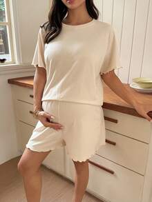 Dazy Maternity Solid Color Casual Loose Short Sleeve Top & Shorts 2-Piece Set, Spring/Summer Daily Wear For Pregnant Women - Yellow - View 5