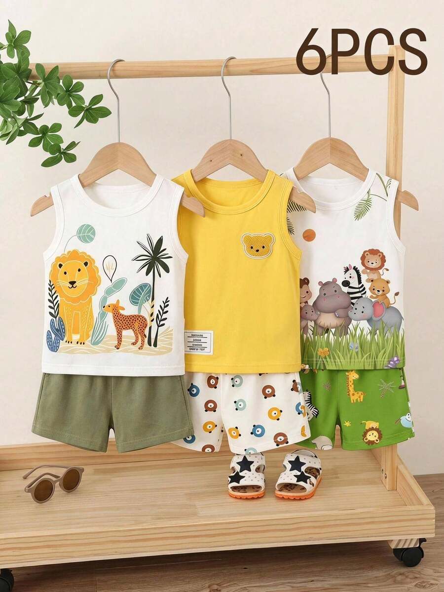 3套男嬰套裝,可愛活潑俏皮酷時尚森林動物熊圖案背心與配套動物圖案短褲,適合夏季出遊,白色上衣與綠色褲子以及黃色熊圖案背心 - 彩色 - 查看 1
