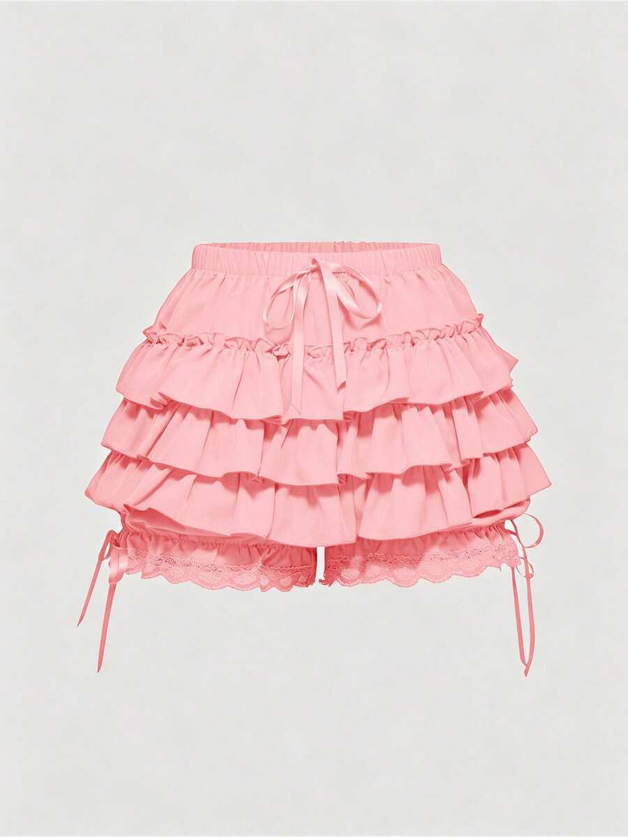 ROMWE Kawaii Summer Sweet Solid Color Ruffle Hem Shorts - Baby Pink - View 1