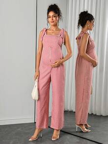 SHEIN Jumpsuit Hamil Kasual Motif Kotak-kotak untuk Sehari-hari dengan Detail Simpul di Bahu - Merah - View 7
