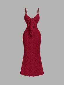 Skyraze Burgundy Flock Fabric Front Tie Bodycon Mermaid Dress – Glamorous Court Style Dreamy Romantic Casual Elegant Mother Of The Bride Party Wedding - Burgundy - View 2