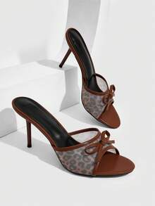 CUCCOO SZL Women Shoes Spring And Summer New Wine Multi-Color Leopard Print Mesh High-Heeled Sandals, Bow Open-Toed Stiletto Mules Shoes, Sexy Hot Girl Style, D - Brown - View 1