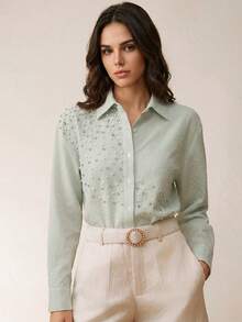 Anewsta Elegante Damen Bluse mit grünen Streifen, Perlen und Strass, vielseitig einsetzbar für Hochzeit, Party, Feiertagsoutfits - Minzgrün - Übersicht 3