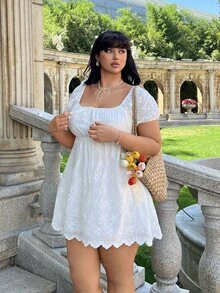 Lyrianda Plus Size Women's French Square Neck Puff Sleeve Embroidered Lace Cinched Waist Doll Dress, Gentle Style A-Line Short Sweet Pure Slimming Summer Short Dress, Pure White Minimalist Square Neck Date Casual Versatile Short Sleeve Summer Cool Dress - White - View 7