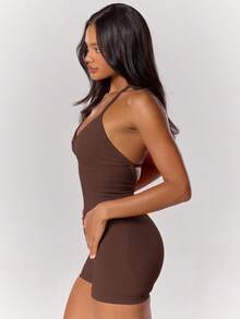 Musera Sport Ruched Padded Halterneck Scrunched Active Playsuit Sport Workout Gym Cute Pilates Fitness Daily Girly Casual Summer - Brown - View 3