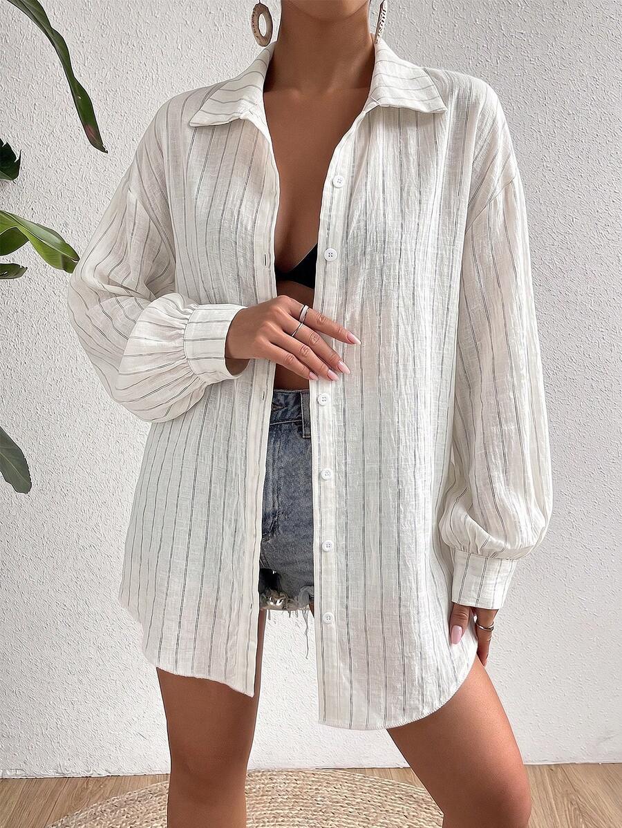 SHEIN Allurite Minimalist Women's Striped Single-Breasted Long Sleeve Shirt, Suitable For Daily Commute Wear - White - View 1