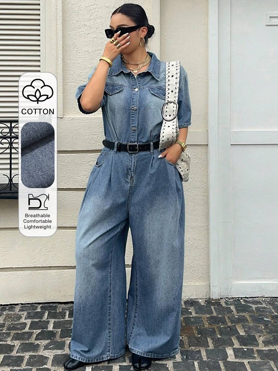 Dazy Plus 春夏水洗藍色做舊西部牛仔休閒風假口袋寬腿大尺碼女款牛仔連身褲 - 中等水洗藍 - 查看 1