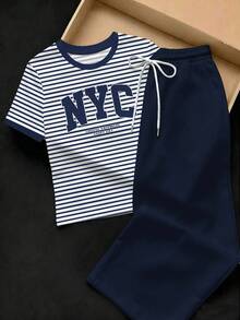 SHEIN EZwear 两件套：刺绣圆领短袖上衣和条纹印花长裤，休闲款 - 藍色 - 查看 4