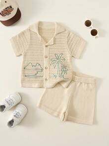 SHEIN Conjunto de 2 piezas/Set Camisa de punto casual de verano para vacaciones & Shorts de punto para bebé niño, Conjunto de camisa, Conjunto de ropa para bebé, Conjunto de verano, Conjunto de vacaciones - Multicolor - Ver 8