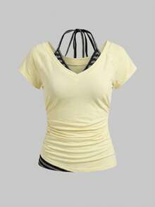 ROMWE Grunge Punk Women's Sexy Y2K 2 In 1 V-Neck Striped Contrast Color Halter Tie Bow T-Shirt, Summer - Yellow - View 1