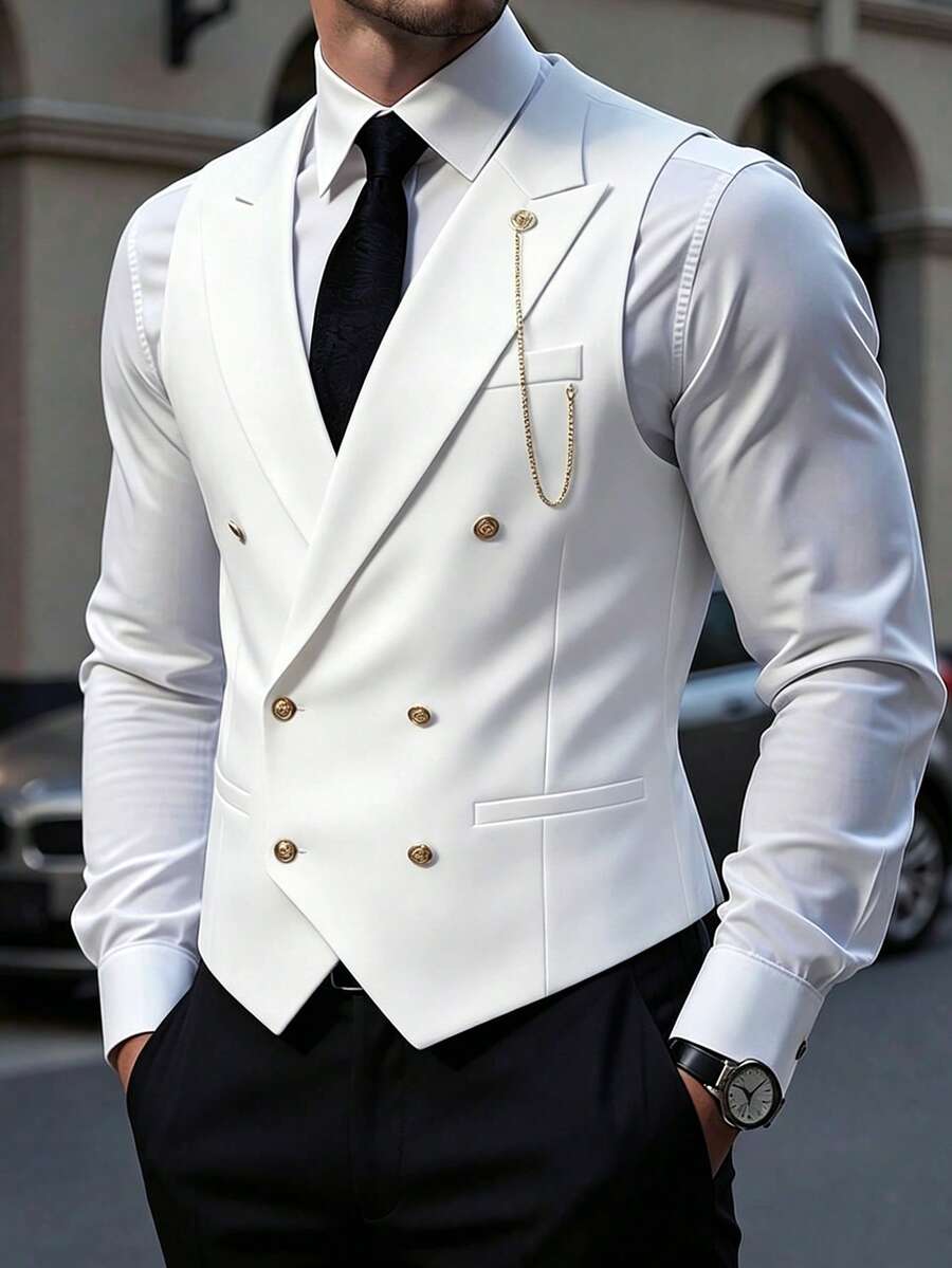 Manfinity Bizformal Men's White Woven Twill Business Fashion Suit Vest, Formal - White - View 1
