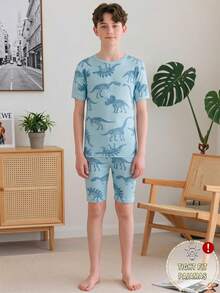 男童簡約時尚休閒恐龍滿版印花藍色圓領短袖短褲套裝 柔軟舒適貼身居家服 - 藍色 - 查看 7