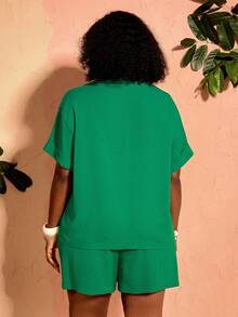BrightlyHer Plus Size Summer Casual Solid Color Shirt Shorts 2 Pieces Set For Women Vacation Outfits Beach Green - Green - View 3