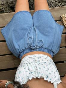 Sunnyshic Plus Size Women's Summer Loose Elastic Waist Denim Shorts - Light Wash - View 4