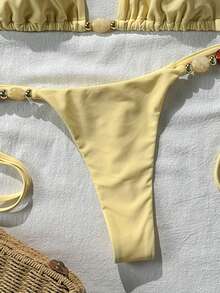 Swim Mod Women's Solid Color Halter Neck Metal Decor Sexy Bikini Set, Spring/Summer - Yellow - View 5