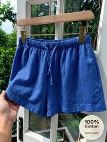 SHEIN Shorts casuales de unicolor con cintura con cordón para uso diario versátil para niñas preadolescentes - Azul - Ver 3
