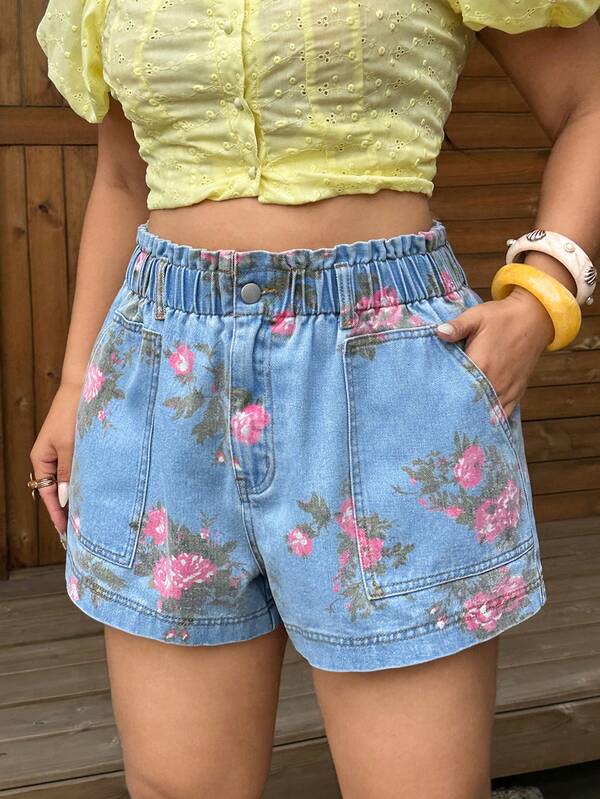Sunnyshic Plus Size Women's Floral Print Casual Versatile Daily Wear Denim Shorts