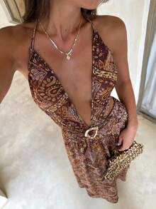 Aloruh Women's Summer New Bohemian Dress, Sexy Elegant Romantic Dress, Brown Dress, Metal Buckle Decor, Women's Vacation Wear, Women's Beach Wear, Women's Cover-Up Dress - Multicolor - View 2