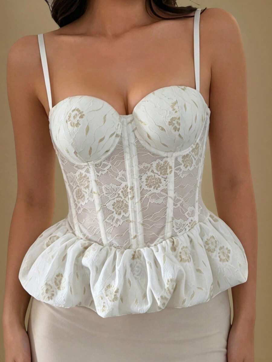 Glamine Sexy Elegant Lace Patchwork Underwire Corset Top With Peplum Hem Tie Waist Party Night Out Date Night White And Gold Summer Wedding - White - View 1