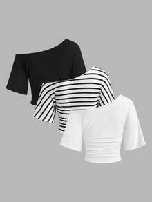 Sweetra 大尺碼女款春夏三件式T恤套裝，單肩短袖不對稱百褶抓皺設計，優雅復古可愛休閒度假居家服 - 彩色 - 查看 2