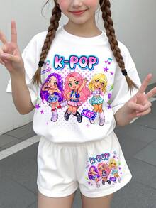 Kleine Mädchen Lässig Minimalistisch, K-Pop Superstars, Cartoon Mädchen Gruppe Druckmuster, Cremeweiß Kurzarm T-Shirt und Shorts 2-teiliges Set geeignet für den Sommer - Verschiedenfarbig - Übersicht 3