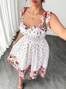 SHEIN Clasi Plus Size Women's Summer Chiffon Vintage Fairycore Celestial Cottage Core Rose Print Spaghetti Strap Tie-Waist Fit Flare Dress Red And White - Multicolor - View 5