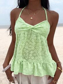Sunnyshic Summer Casual Solid Color Jacquard Backless Halter Top - Green - View 5