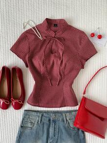 Comfortcana Women's Summer Casual Plaid Tie-Front Top - Red - View 4