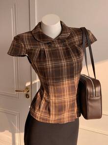 Comfortcana Women's Plaid Peter Collar Cap Sleeve Casual Vintage 70s 90s French Preppy Blouse Back-To-School Brown Checkered Summer Graduation School Teacher Tops - Coffee Brown - View 7
