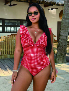 Swim Vcay Traje de baño de una pieza para mujer talla grande 2026, color café con estampado de cuadros pequeños, diseño de cuello en V, dobladillo con volantes, cintura fruncida, control de abdomen, efecto estilizante, Bottom triangular - Rojo - Ver 3