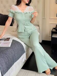SHEIN 女士法式露肩蕾丝拼布短袖上衣和长裤睡衣套装 - 綠色 - 查看 4
