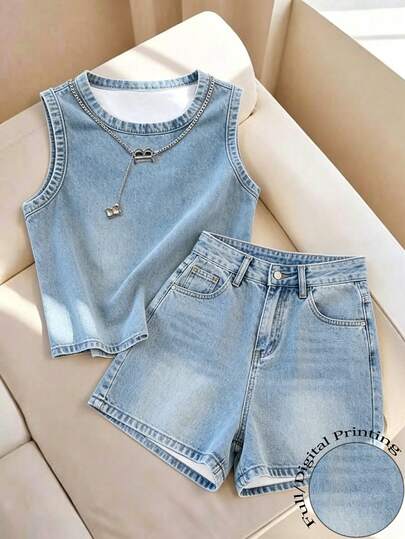 Franclia Conjunto de top sin mangas y shorts con estampado efecto denim casual de verano para mujer