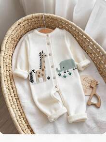 SHEIN Newborn Baby Autumn/Winter Cute Cartoon Pattern Long Sleeve Sweater Romper - White - View 3