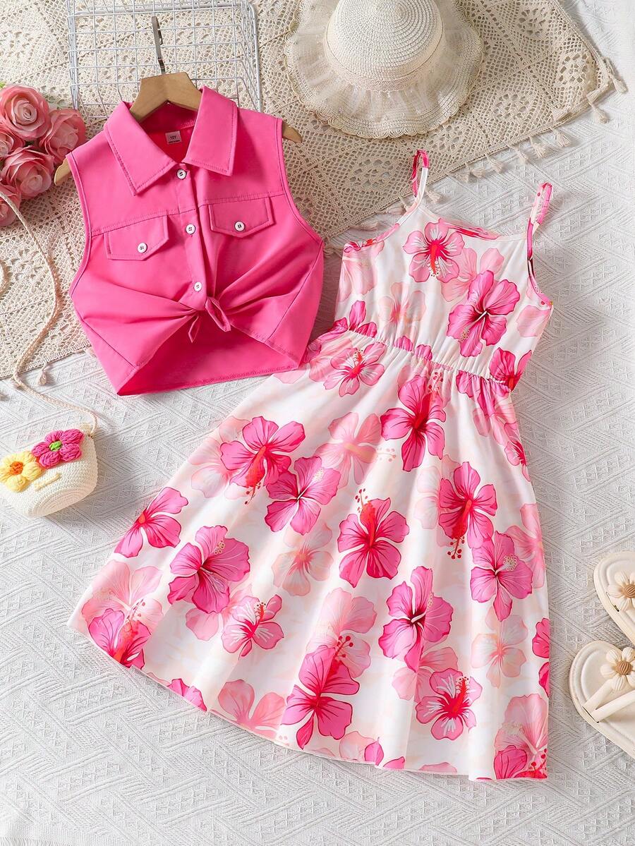 SHEIN 2Pcs Tween Girls Vacation Back To School Spring Summer Multicolor Large Dress & Lapel Slvless - Multicolor - View 1