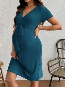 SHEIN 孕婦純色V領哺乳功能休閒日常穿著洋裝 - 水鴨藍 - 查看 7