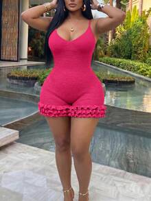 Veslaya Plus Size Women Solid Color Casual Sexy Tropical Date Beach Vacation Outing Spaghetti Strap Romper Hot Pink Summer - Hot Pink - View 4