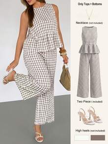Auralis 2pcs/Set Casual Comfortable Green Plaid Sleeveless Ruffle Hem Loose Top & Elastic Waist Wide Leg Pants,Summer,Smart Casual,Picnic,Plus Size Outfit - Grey - View 7