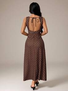 SHEIN PETITE Women's Elegant Vintage Polka Dot Print Backless Tie-Waist Sleeveless Dress, Summer Long Brown And White Polka Dot Split Sundress, Petite Vacation - Brown - View 2