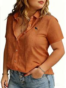 Linhara CURVE Large-Sized Woven Embroidered Casual Summer Shirt For Vacation - Orange - View 3